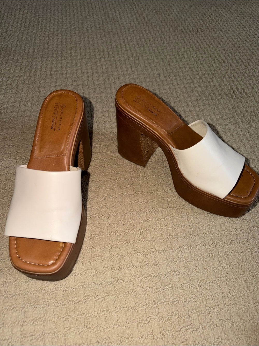 Platform Slide Heels in White and Brown - Women's Fashion Sandals